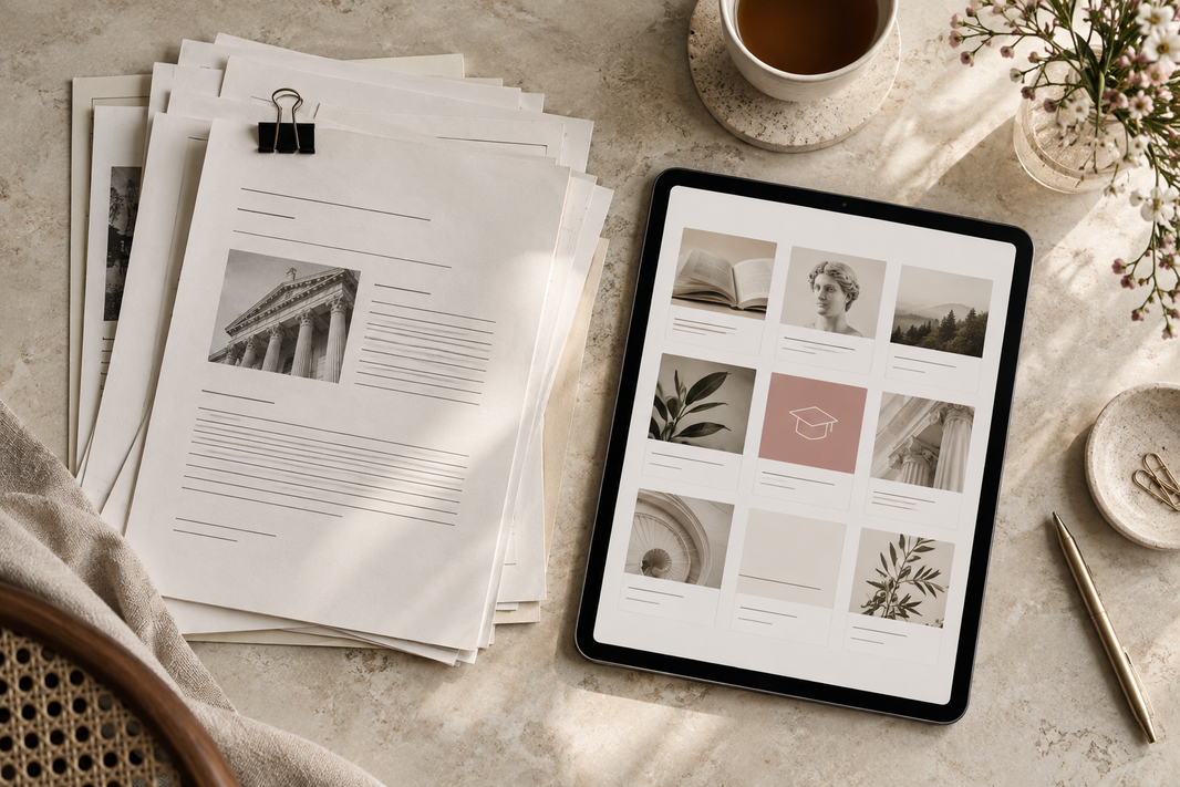 Editorial illustration of course papers beside a tablet on a cream desk