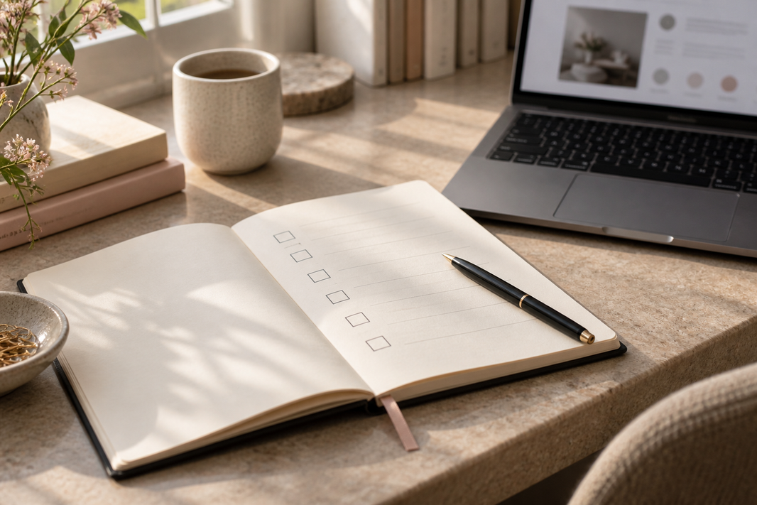 Notebook checklist and laptop on a softly lit desk