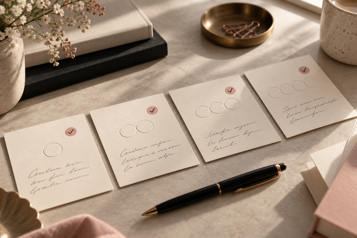 Cream progress cards with circles and check marks beside a pen