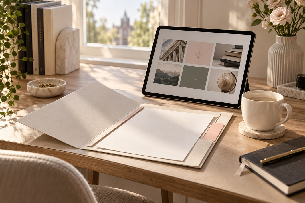 Welcome folder and tablet on a bright cream desk