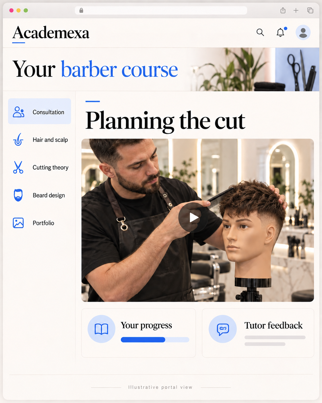 Illustrative barber course portal with a planning the cut lesson
