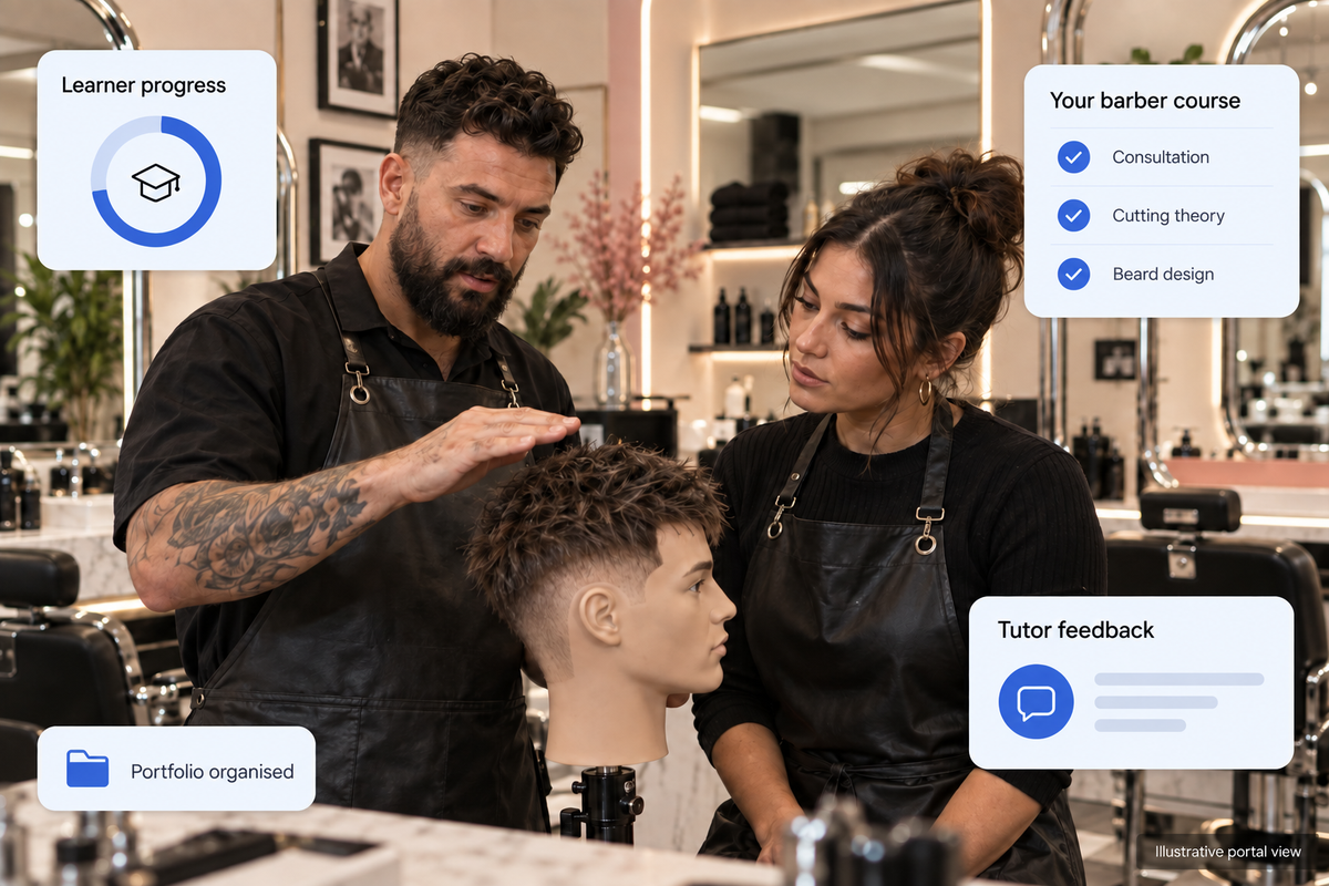 Illustrative barber academy with learner progress and tutor feedback panels