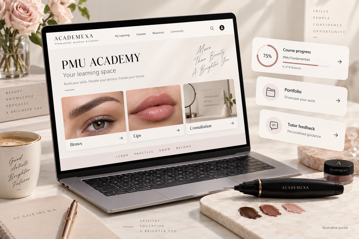 Illustrative permanent makeup academy portal with course progress, portfolio and tutor feedback cards